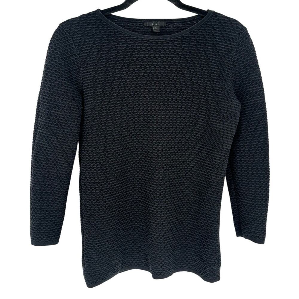 COS Black Textured Cotton 3/4 Sleeve Blouse Crewneck Office Workwear Casual XS